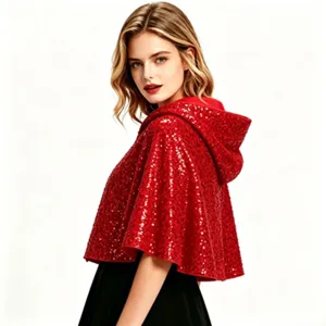 Gros plan détail de la cape à capuche en sequins rouges, texture scintillante et double couche.
