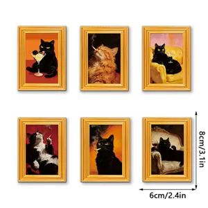 Vintage wooden quirky cat fridge magnet set, funny animal art photo frame decor gift.
