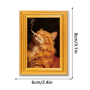 Vintage cat smoking oil painting fridge magnet, cute funny wooden magnetic sticker 8x6cm