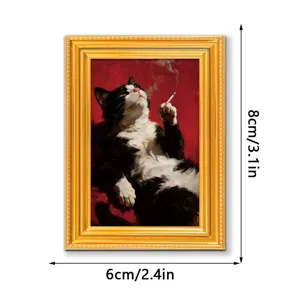 Vintage wooden magnetic fridge sticker with funny smoking cat oil painting art decor