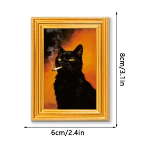 Vintage black cat smoking framed fridge magnet, cute magnetic art home kitchen decor.