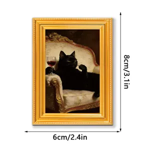 Vintage black cat oil painting fridge magnet, cute nice retro decorative art frame 8x6cm.