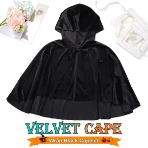 Black velvet hooded cape short cloak medieval vintage gothic costume for halloween party cosplay.