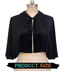 Medieval vintage black velvet short hooded cape detail for cosplay and Halloween.