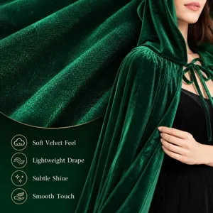 Dark green velvet cloak detail, soft fabric touch, lightweight drape and subtle shine.