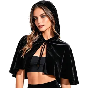 Black velvet hooded short cape medieval retro cloak gothic halloween costume cosplay party wrap