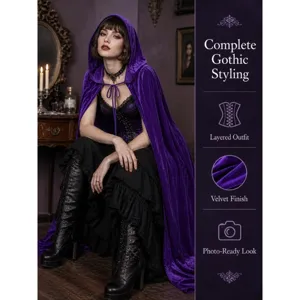 Gothic purple velvet hooded cloak detail shot, featuring layered outfit design and luxury finish.