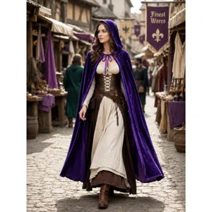 Purple velvet hooded cloak for women, medieval witch costume, perfect for Halloween party and cosplay.