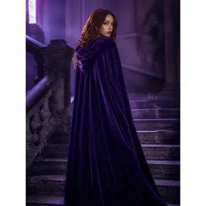 Adult purple velvet hooded cloak for Halloween party cosplay, elegant long witch wizard cape.