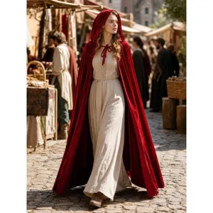 Mantello con cappuccio in velluto rosso medievale in un mercato, costume elegante.