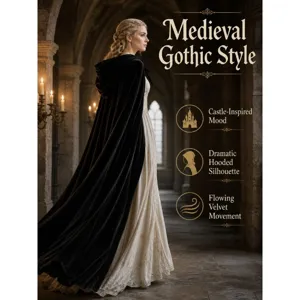 Mantello con cappuccio in velluto nero gotico medievale ideale per cosplay e matrimonio.