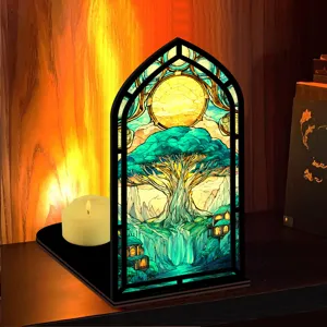 Dettaglio inserimento libreria vetrata, arco gotico con albero luminoso e cascata magica.