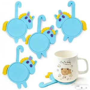 Cute silicone horse butt mug coaster set, creative cartoon table mat detail shot for home office.
