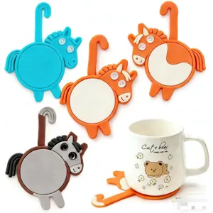 Cute cartoon horse silicone coaster set, creative tail hook design, non-slip tabletop mat.