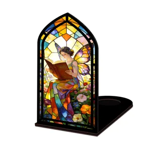 Inserto fermalibri in vetrate colorate con fata che legge, decorazione luminosa per libreria.