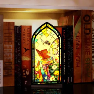 Vista dettagliata del book nook in acrilico illuminato con design fata in vetrata sullo scaffale.