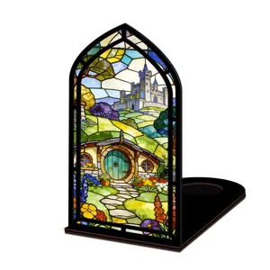 Inserti fermalibri in vetrate con castello fantasy e casetta per decorazione scaffale.