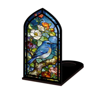 Dettaglio fermalibri uccello azzurro stile vetrata artistica, inserto decorativo in acrilico