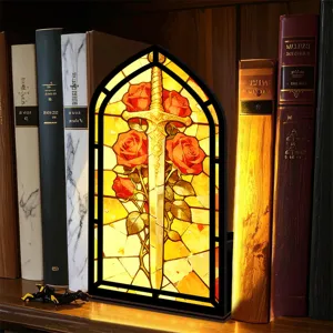 Luce notturna fermalibri stile vetrata spada e rosa ornamento decorativo per libreria dettaglio