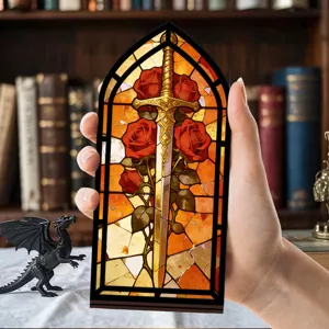 Inserto per angolo libro in vetrate gotiche con spada rose luce notturna acrilica.