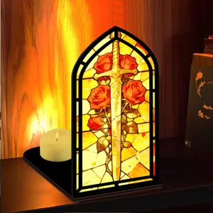Luce fermalibri rosa spada vetrate, inserto mensola angolo libro in legno gotico.