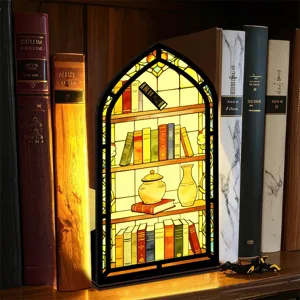 Fermalibri in vetrata gotica, inserto per libreria in legno luce notturna decoro, calda luce LED.