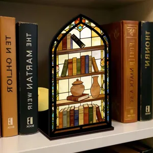 Inserto per angolo libro in vetrate gotiche con scaffale in miniatura e luce LED.