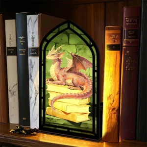 Fermalibro decorativo in legno con luce, inserto per libreria con drago e libri.