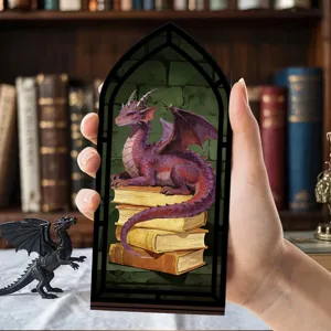 Inserto luce notturna in acrilico book nook arco gotico con design drago viola sui libri.
