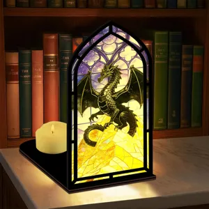 Inserto fermalibri in legno con design drago in vetrata e illuminazione LED calda