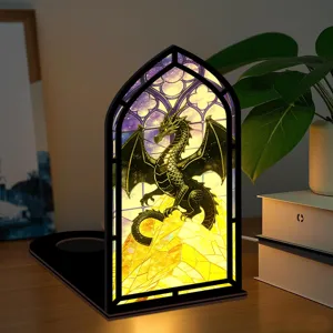 Inserto fermalibri in legno con design finestra drago luminoso in vetro colorato luce notturna.