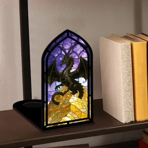 Vista dettagliata fermalibri luce notturna vetrate drago gotico decorazione per scaffale