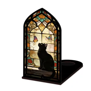 Fermalibri vetrate gatto nero, inserto libreria arco gotico decorazione luce notturna.