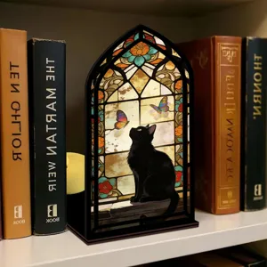 Fermalibri in legno con vetro colorato gatto nero e farfalle, decorazione luminosa per libreria.
