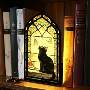 Fermalibri in Legno Angolo Libro Vetro Colorato Gatto Nero Luce Notturna Scaffale