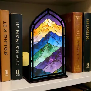 Vista dettagliata della luce notturna per libreria con montagna in vetro colorato.