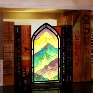 Inserto per Libreria Scaffale Vetro Colorato Montagna Luce LED Fermalibri in Legno