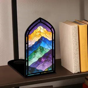 Fermalibri in legno con luce notturna vetrata montagna per decorazione scaffale libri.