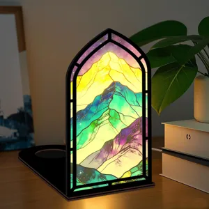 Fermalibri in legno vetro colorato montagna acrilico luce notte mensola dettaglio