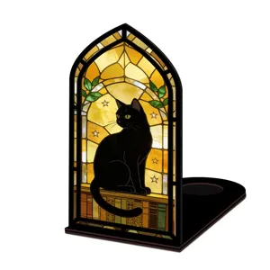 Fermalibri gatto nero in vetrata artistica legno inserto libreria con luce notte acrilica.