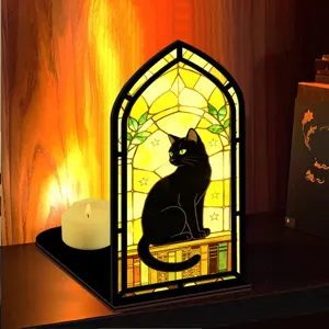 Inserto per libreria con gatto nero in vetro colorato e luce calda per decorare la casa.