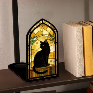 Luce notturna fermalibri gatto nero in vetrate, articolo decorativo per scaffale in acrilico.