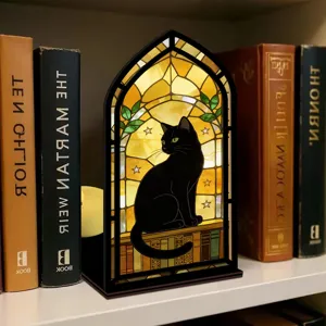 Ferma libri gatto nero in vetro colorato con calda luce notturna a LED per libreria.