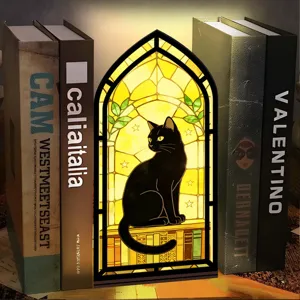 Fermalibri in legno luce notturna acrilica gatto nero design vetrate per arredamento scaffale.
