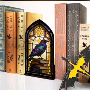 Inserto per libreria scaffale corvo vetrate gotiche in legno, fermalibri luce notturna.