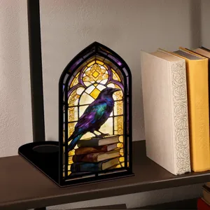 Fermalibri corvo vetrate gotiche luce notturna in legno inserto libreria decorativo