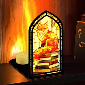 Luce notturna fermalibri volpe stile vetrate, decorazione fermalibri in legno e acrilico.