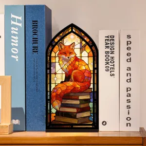 Luce Notturna Book Nook Volpe Vetrata, Inserto Mensola in Legno e Acrilico Dettaglio.