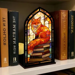 Bellissimo fermalibri volpe in stile vetrate, book nook in legno con luce LED per libreria.