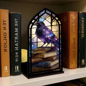 Inserto per Libreria in Legno Corvo Vetro Colorato Acrilico Luce Notturna Fermalibri